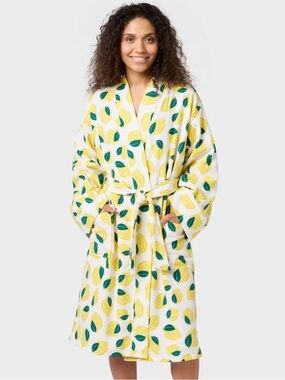 Room Essentials Women Lemon Print Cotton Bath Robe Yellow Green S/M NWT